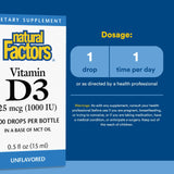 Gouttes D3 Natural Factors sur nourriture ou boisson, utilisation quotidienne pratique.
