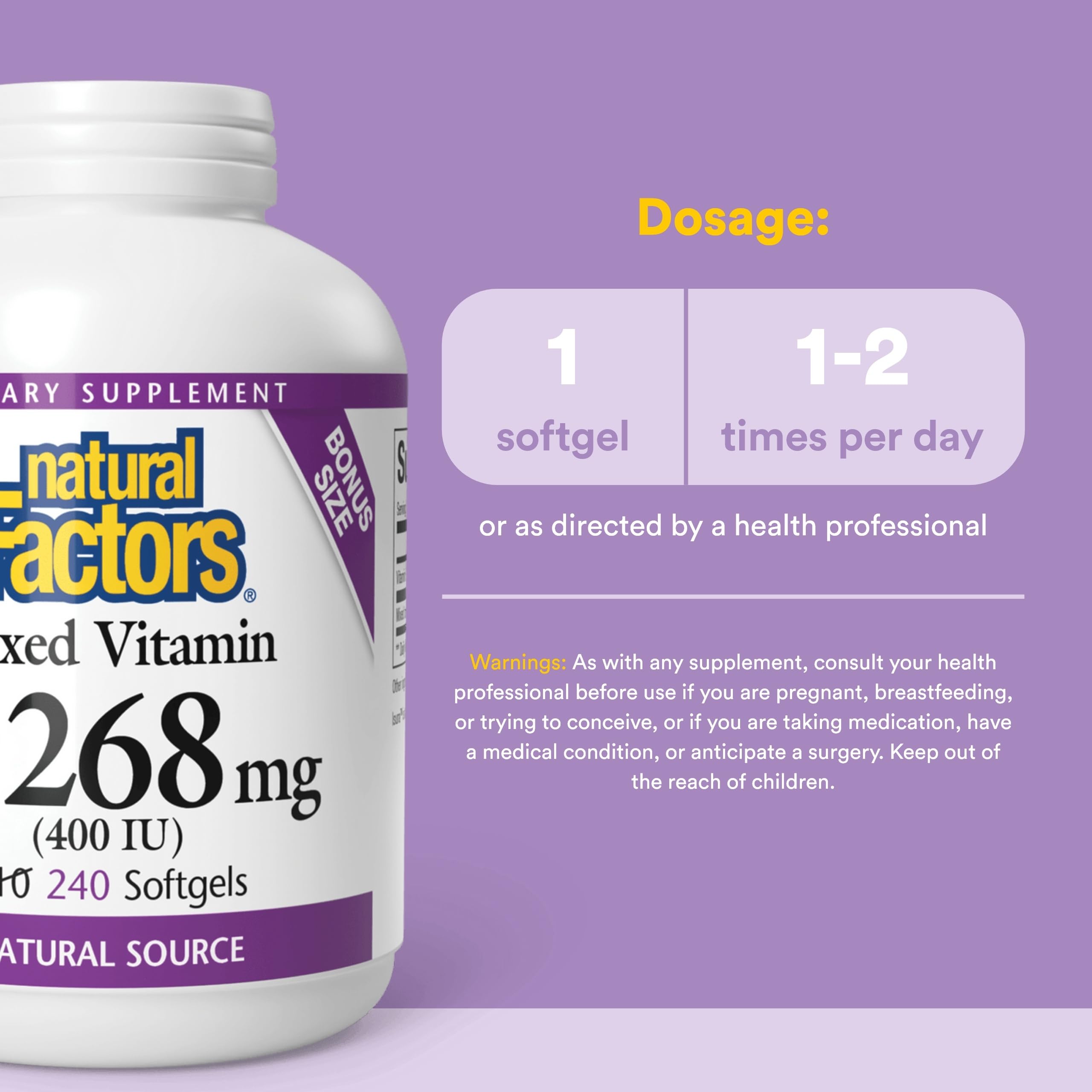 Natural Factors Vitamine E 400 UI : emballage biologique, traçabilité et qualité assurée.
