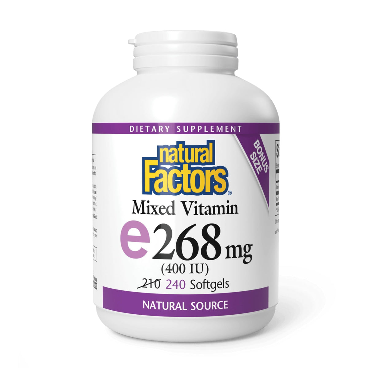Natural Factors Vitamine E 400 UI : gelules en bouteille, soutien potentiel à la santé générale.