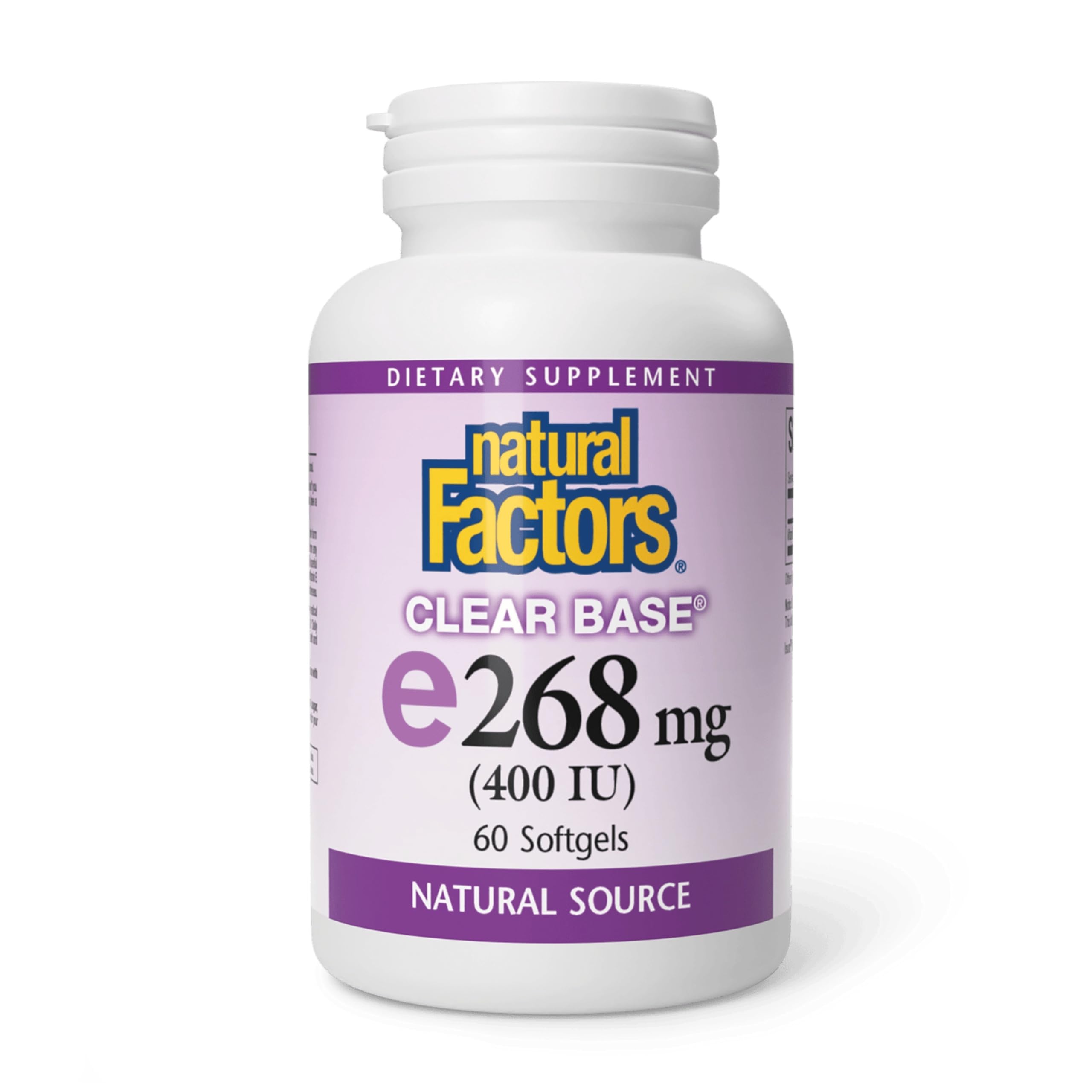 Bouteille Natural Factors vitamine E 400 UI, soutien antioxydant quotidien.