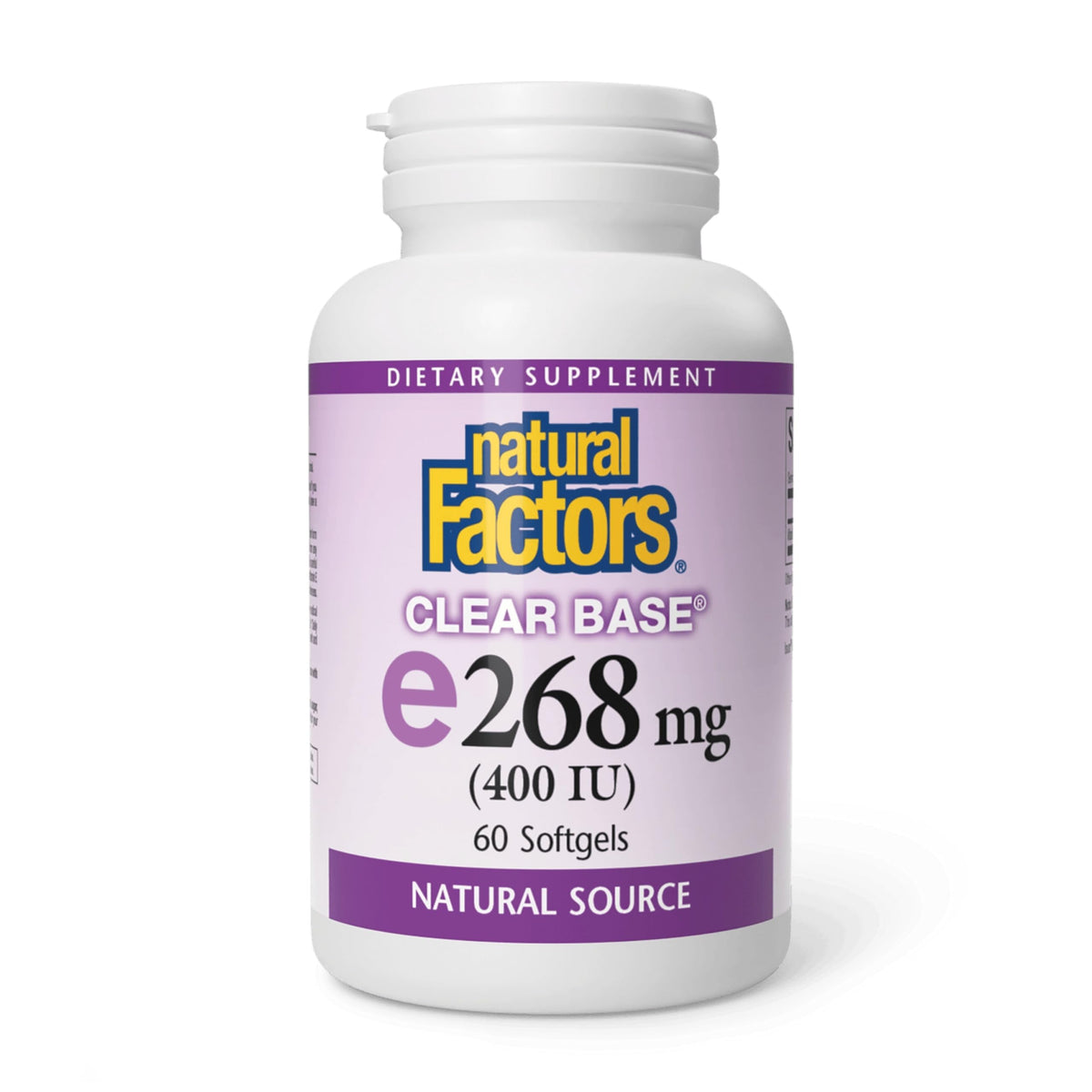 Bouteille Natural Factors vitamine E 400 UI, soutien antioxydant quotidien.