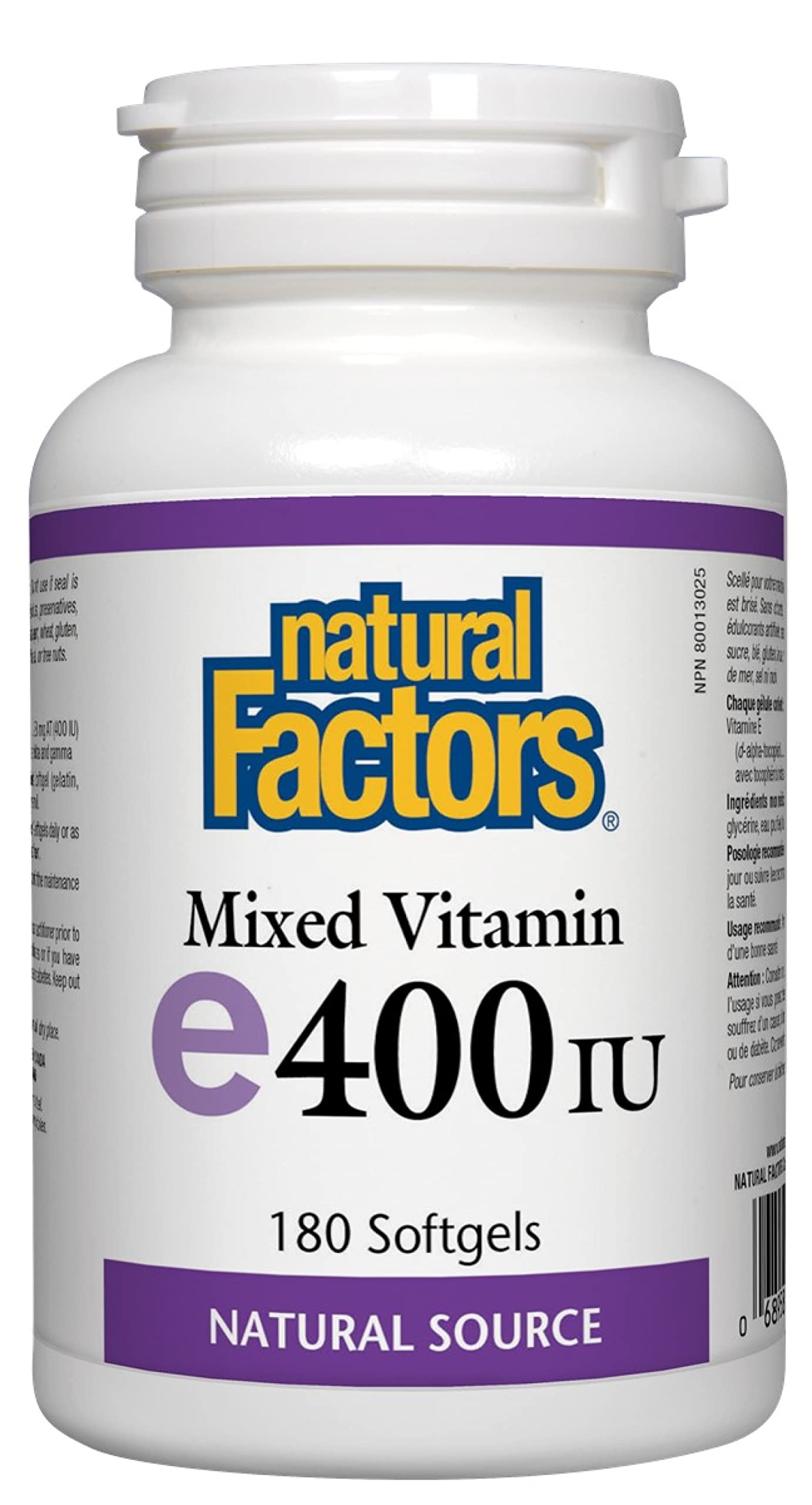 Natural Factors vitamine E 400 UI – bouteille sur fond blanc – soutien potentiel des membranes cellulaires.