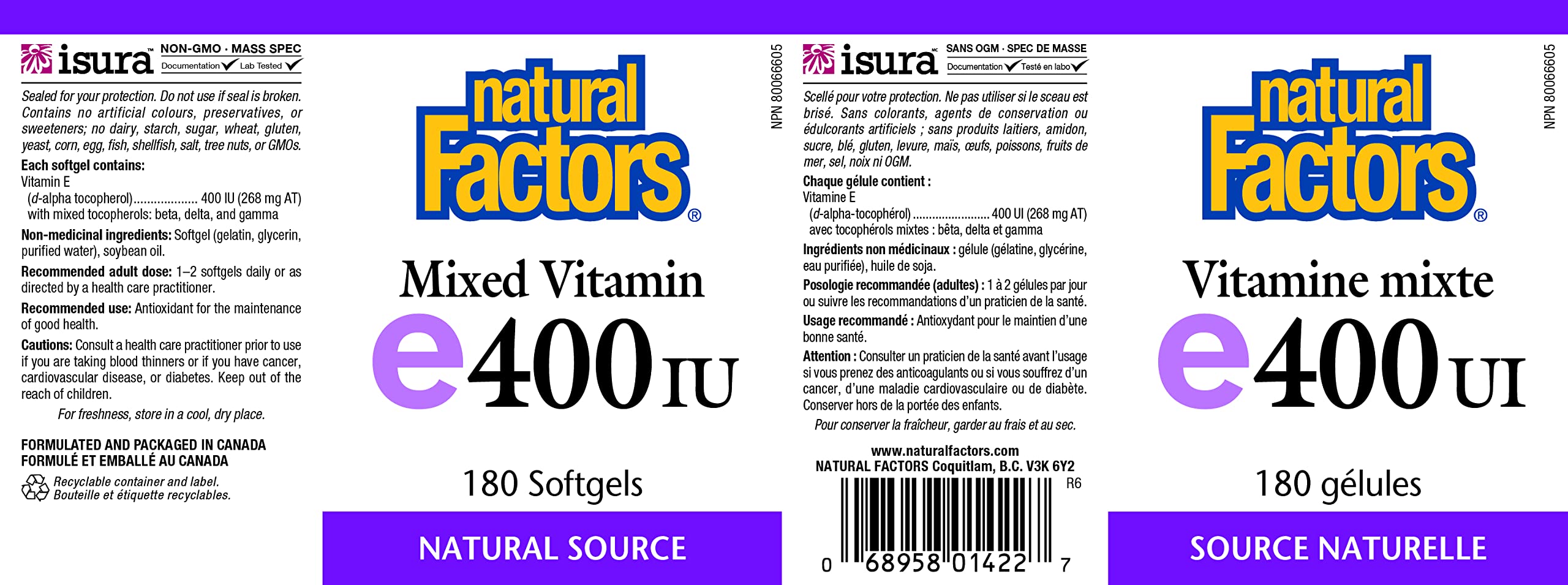 Natural Factors vitamine E 400 UI – capsules softgel – mode d'action pratique et absorption facilitée.