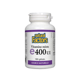 Natural Factors vitamine E 400 UI – étiquette biologique – produit local et non-GMO respectueux de l'environnement.