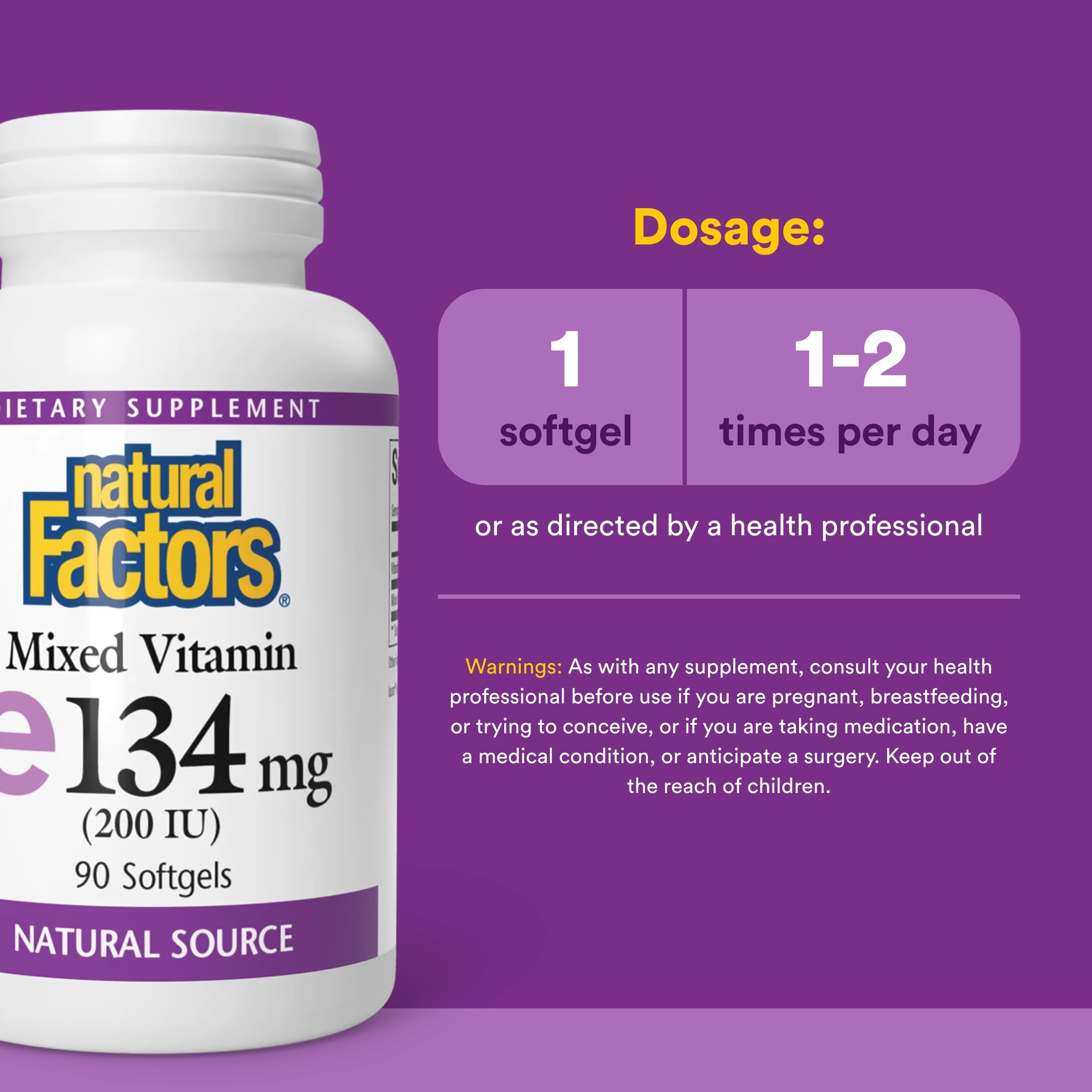 Natural Factors Vitamin E Mixte – etiquette claire indiquant dosage et origine naturelle.