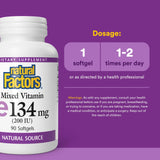 Natural Factors Vitamin E Mixte – etiquette claire indiquant dosage et origine naturelle.