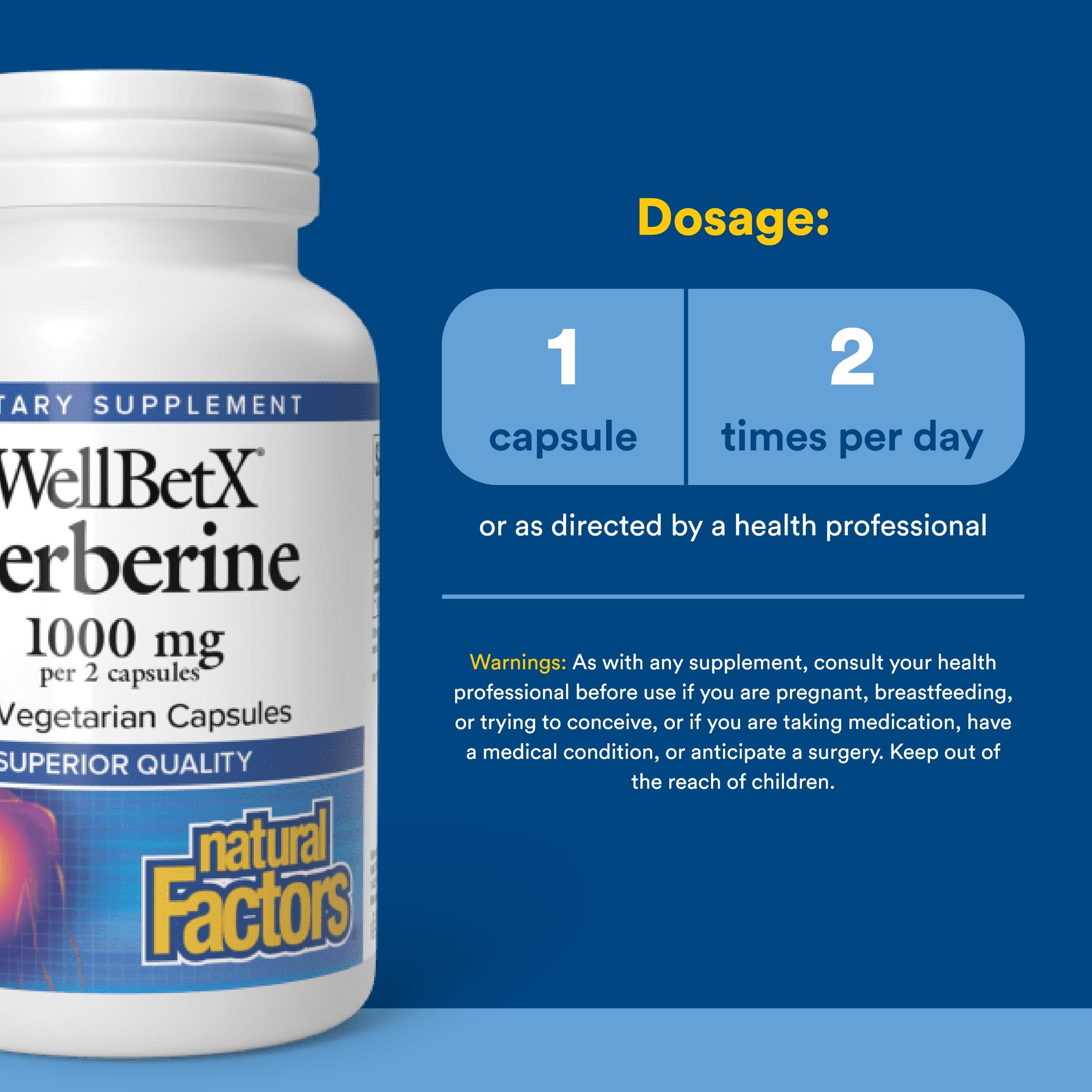 Natural Factors WellBetX Berberine – etiquette: label clair sur le métabolisme et l'utilisation.