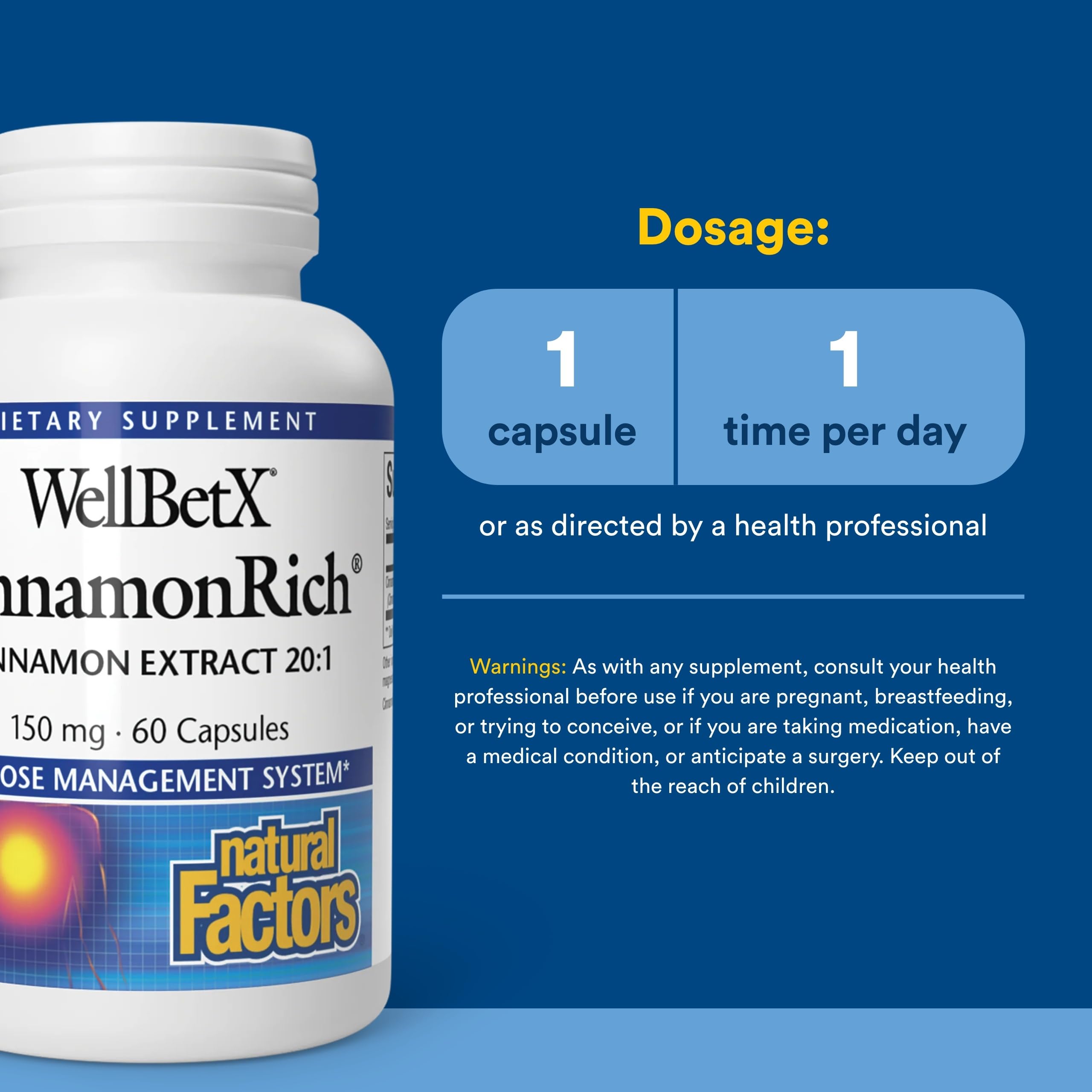 Natural Factors WellBetX CinnamonRich, étiquette: information claire sur l’extrait cannelle et ses usages