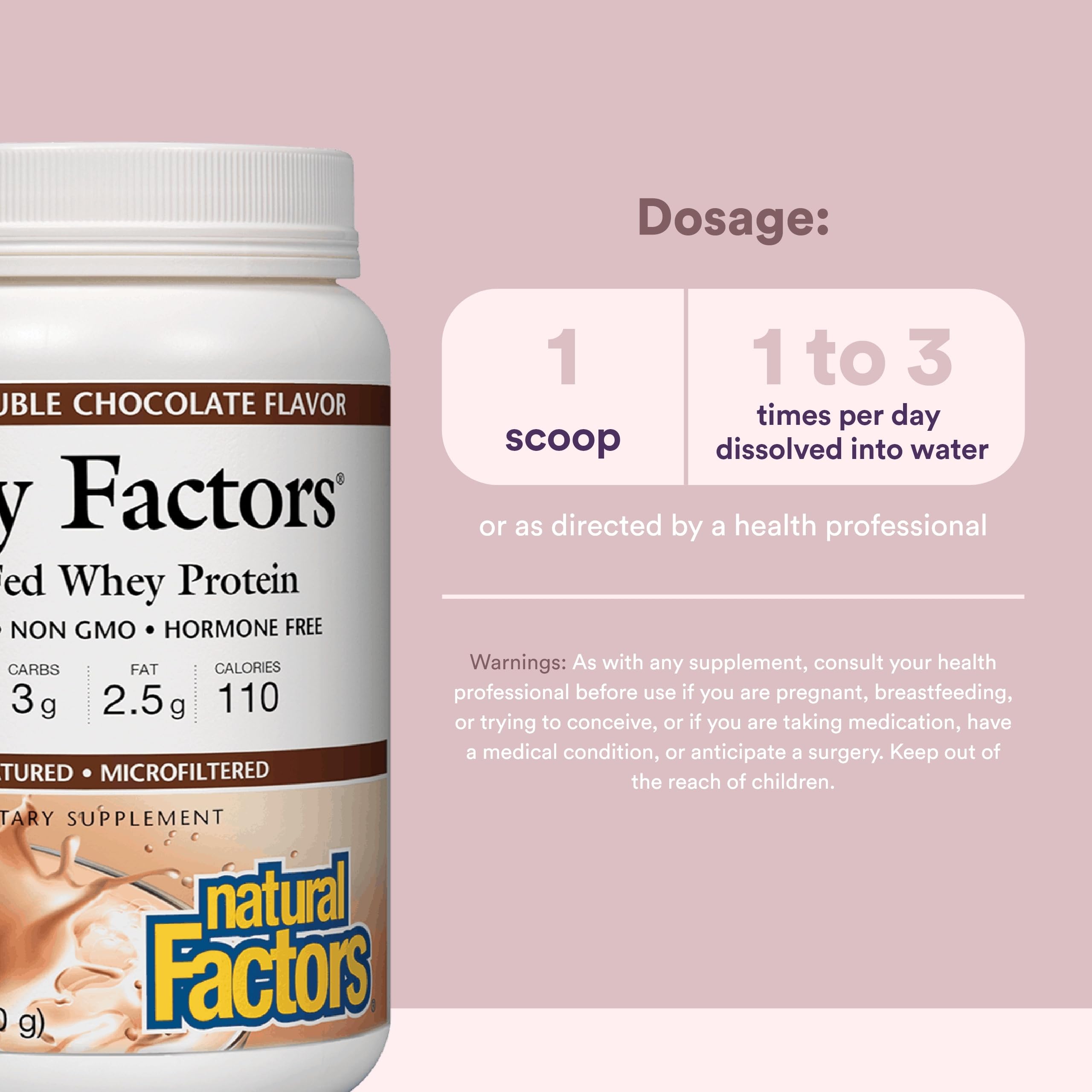Étiquette Natural Factors Whey Factors affichant les valeurs nutritionnelles