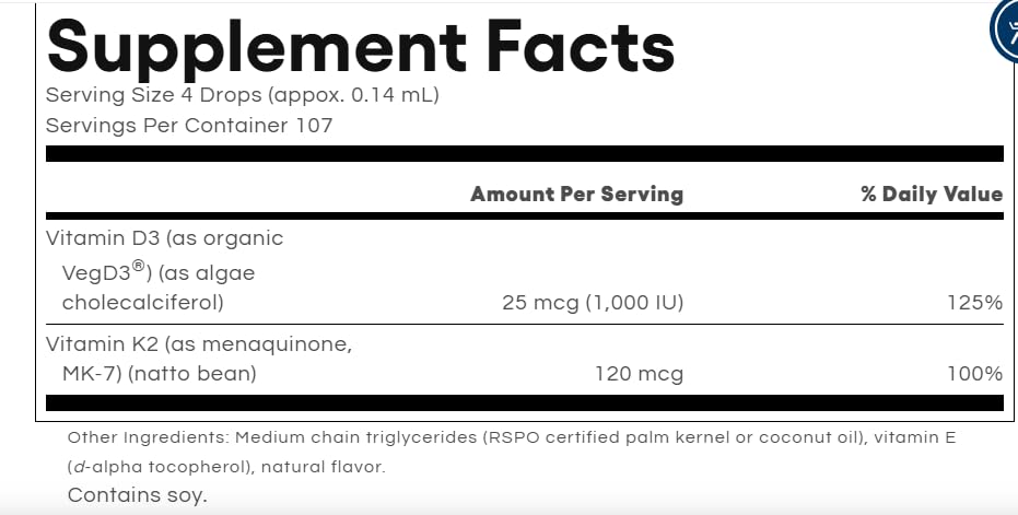 Natural Factors Whole Earth & Sea étiquette du produit vitamines D3 et K2 pour le bien-être