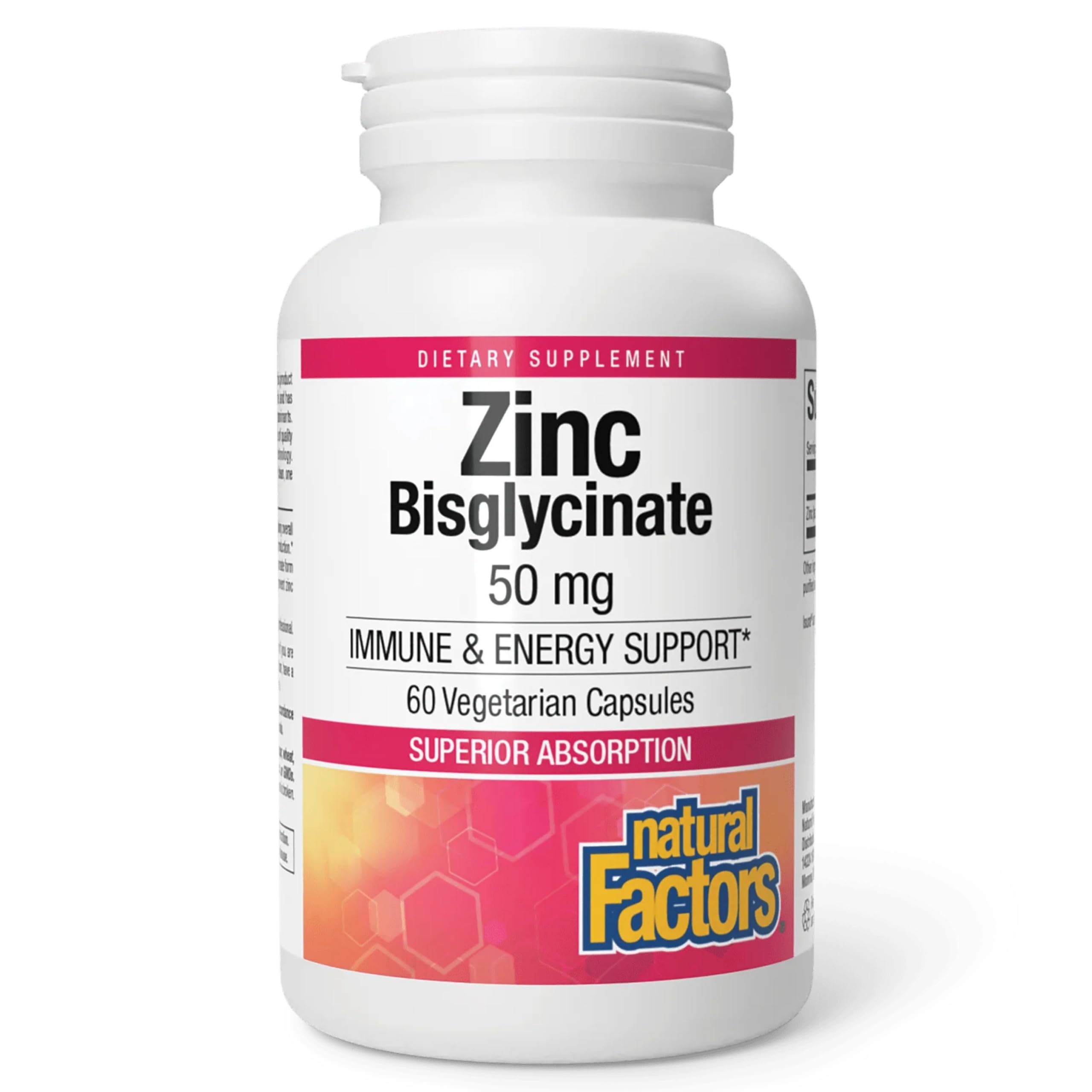 Natural Factors Zinc Bisglycinate 50 mg, 60 gélules : absorption supérieure possible et digestion douce.