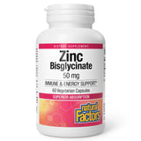 Natural Factors Zinc Bisglycinate 50 mg, 60 gélules : absorption supérieure possible et digestion douce.