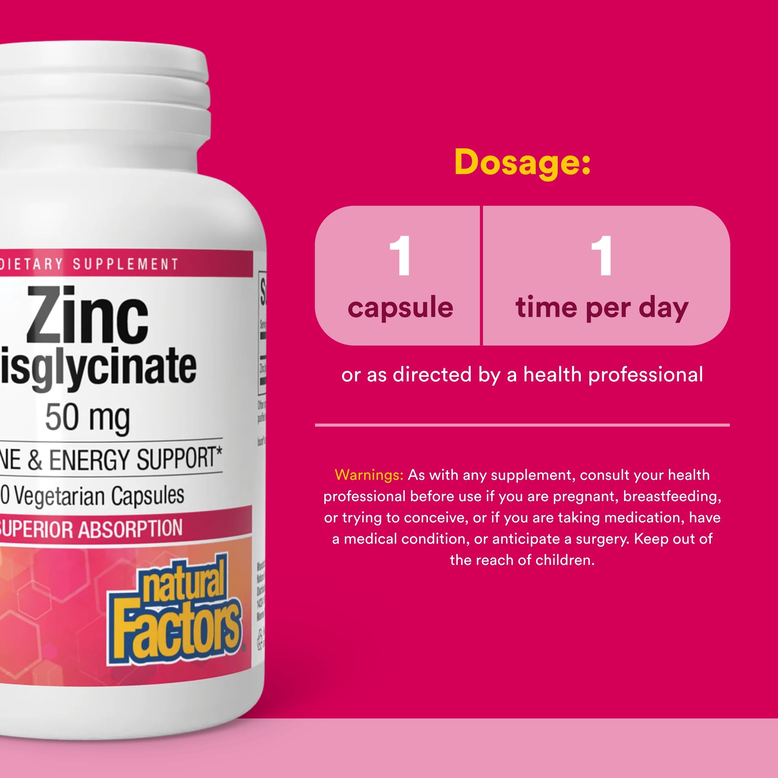 Natural Factors Zinc Bisglycinate emballage durable et traçabilité assurée par le fabricant.