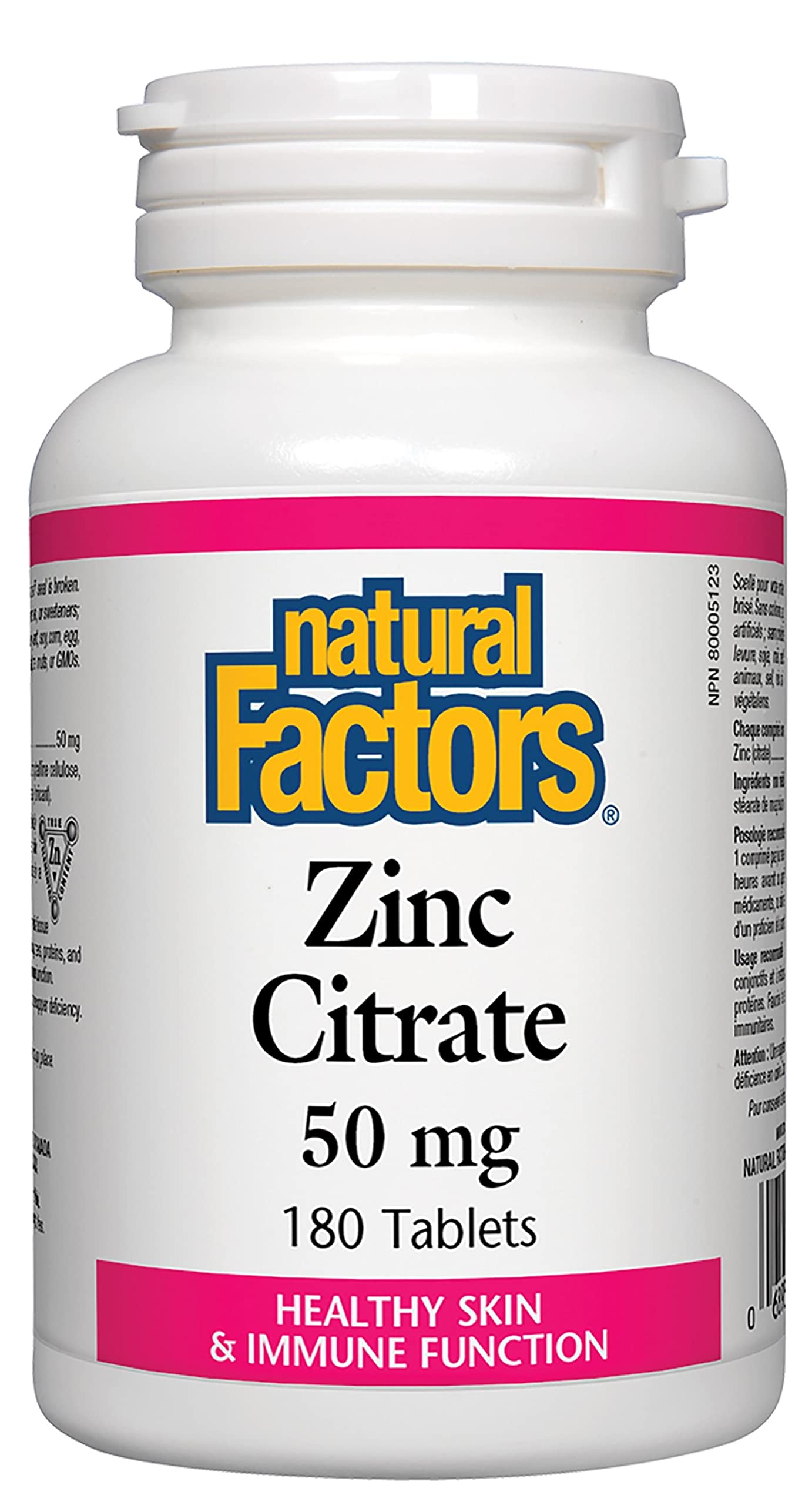 Natural Factors Zinc Citrate: bouteille de comprimés 50 mg, soutien potentiel pour la peau et l'immunité.