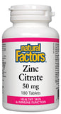 Natural Factors Zinc Citrate: bouteille de comprimés 50 mg, soutien potentiel pour la peau et l'immunité.