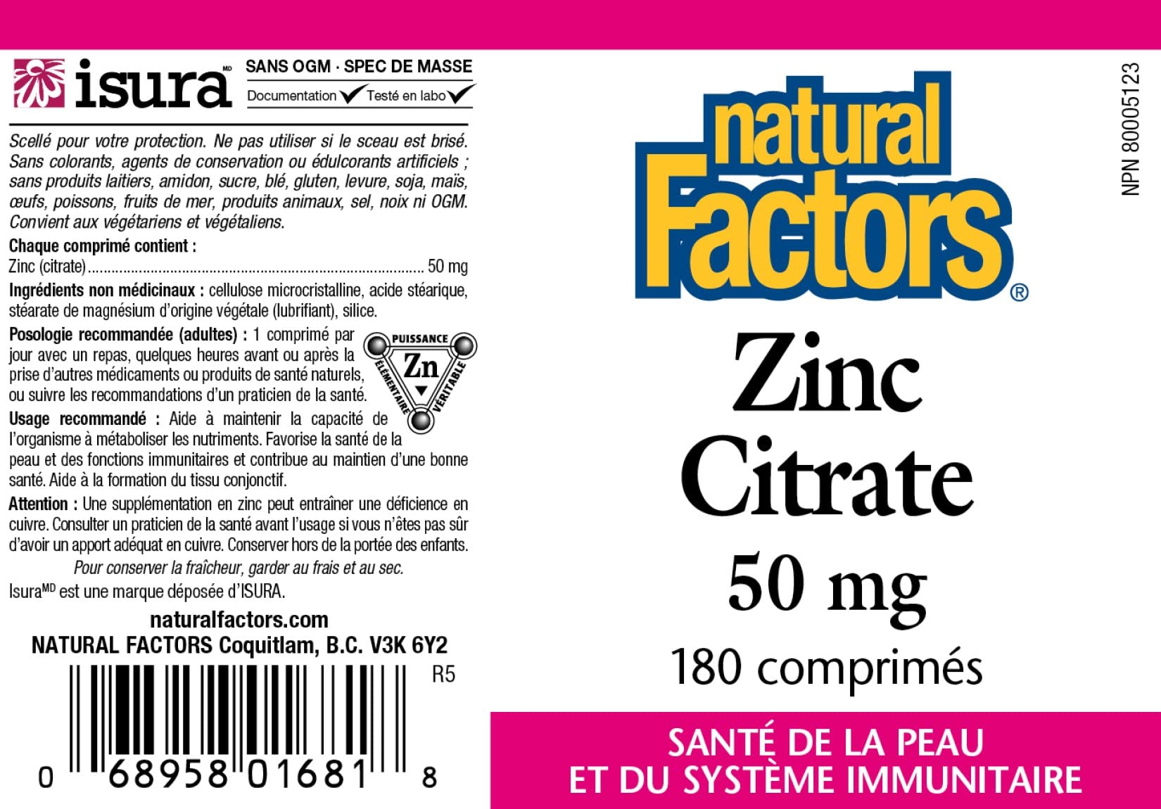 Natural Factors Zinc Citrate: emballage-carton facilitant le stockage des comprimés.
