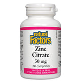 Natural Factors Zinc Citrate: étiquette lisible indiquant 50 mg par comprimé.