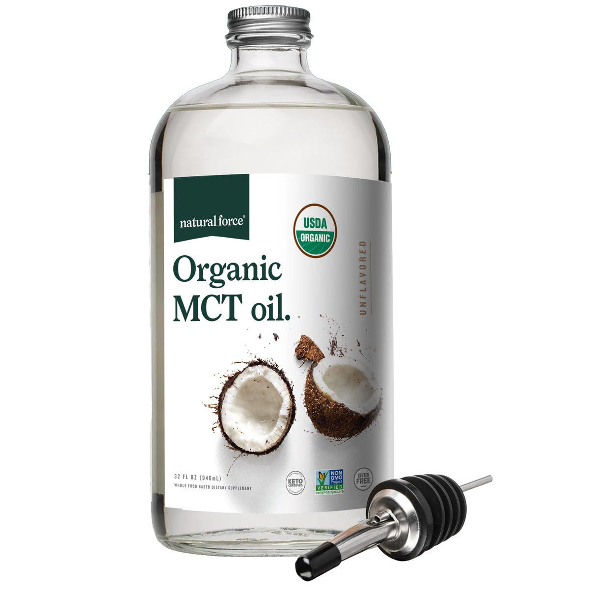 Natural Force Huile MCT dans bouteille en verre pur prête à l’emploi.