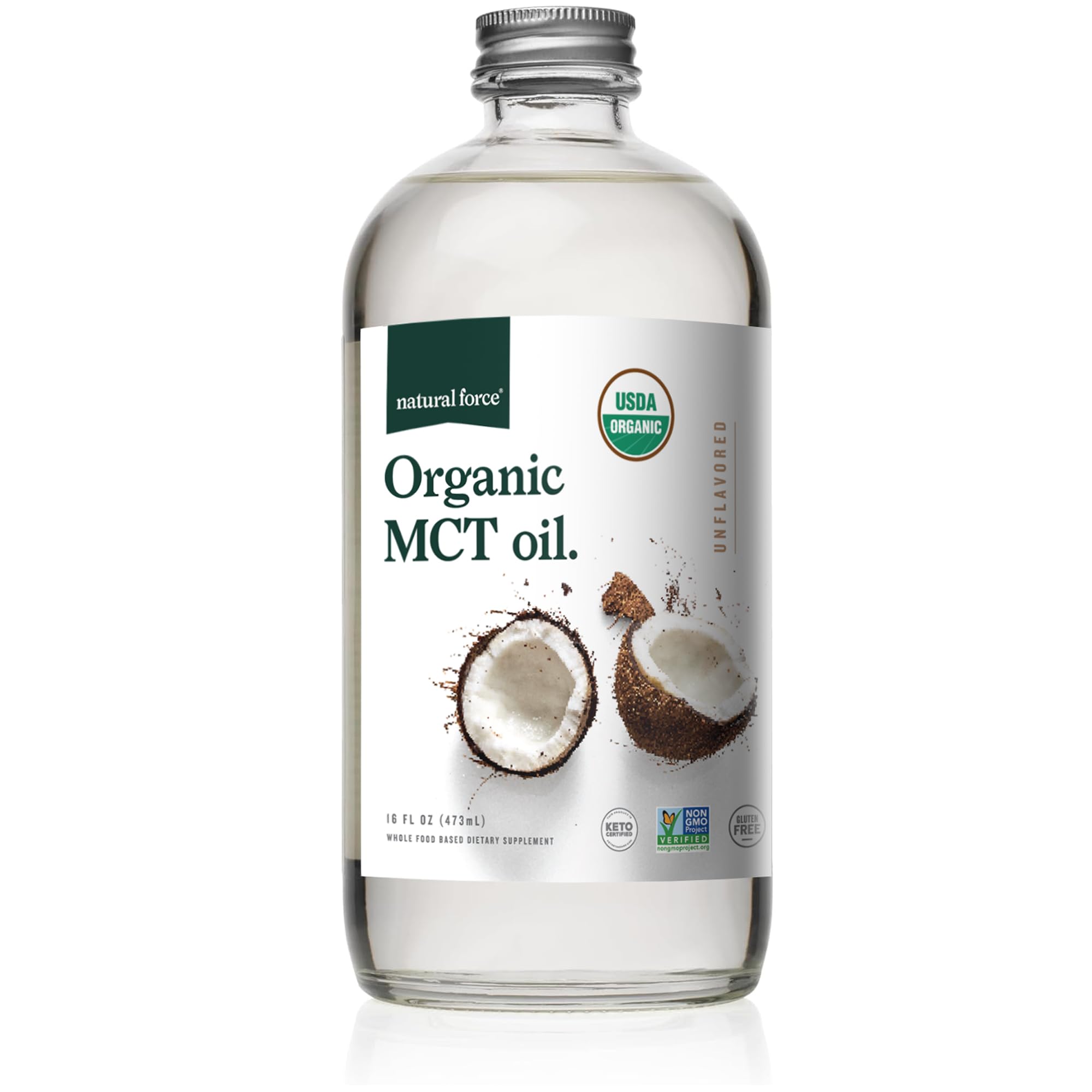 Natural Force MCT huile coco en bouteille de verre pur prête à l’emploi.