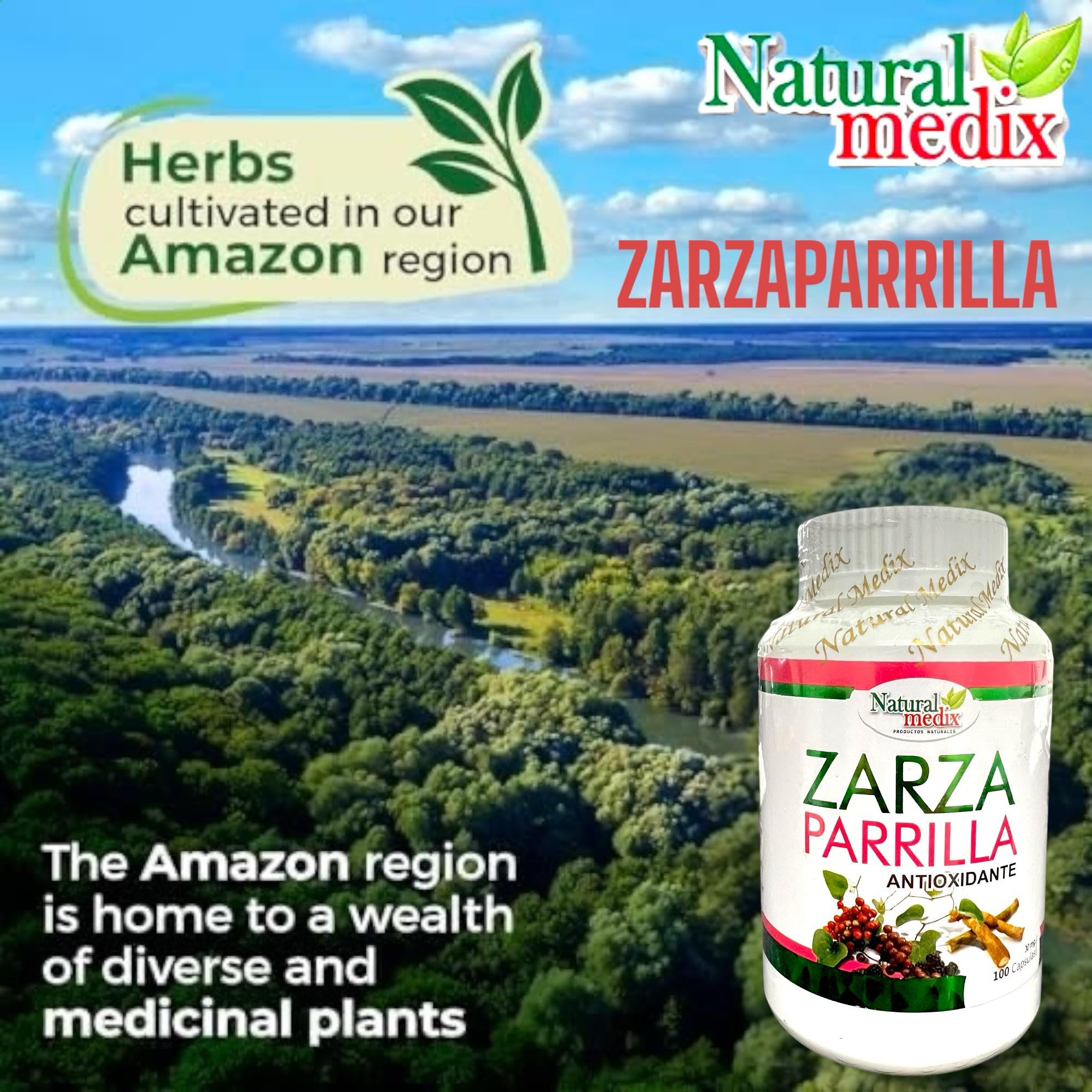 Natural Medix Zarzaparrilla – étiquette indiquant sans OGM et sans gluten.