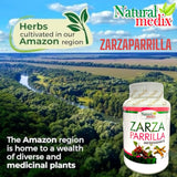 Natural Medix Zarzaparrilla – étiquette indiquant sans OGM et sans gluten.