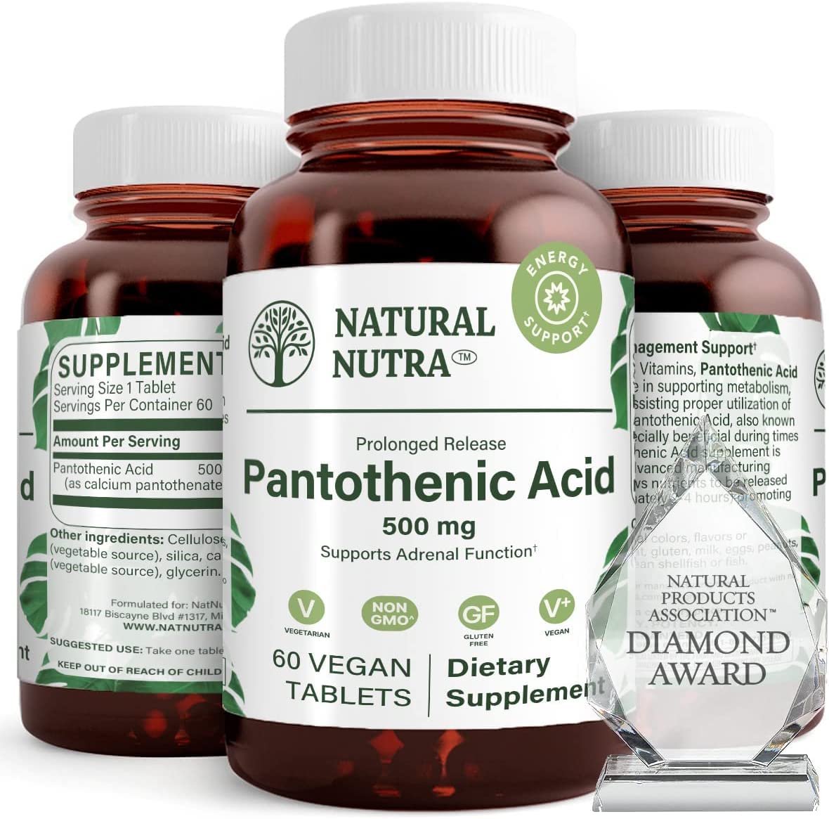 Natural Nutra acide pantothénique libération prolongée sur bouteille ambrée pour une conservation optimale