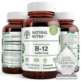 Natural Nutra B12 1000 mcg, bouteille : soutien énergie quotidienne.
