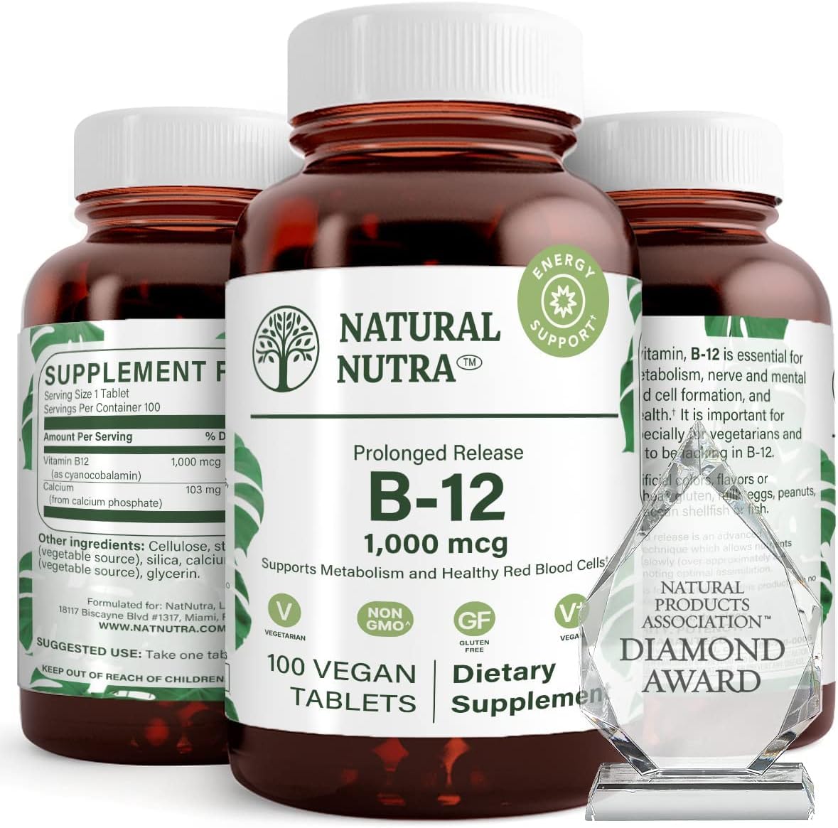 Emballage verre ambre Natural Nutra B12, sans BPA et recyclable.