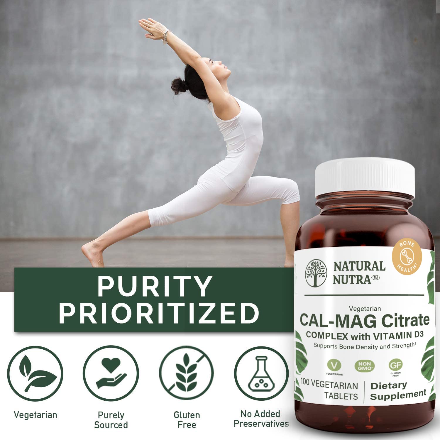 Natural Nutra Cal-Mag Citrate D3 – bocal verre ambre et emballage recyclable.