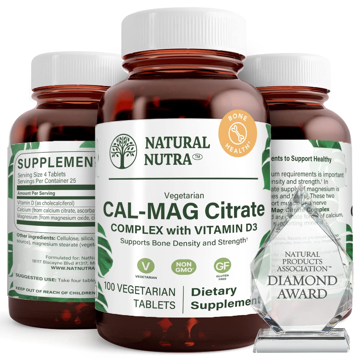 Natural Nutra Cal-Mag Citrate D3 – bouteille en verre ambré prête pour votre routine.