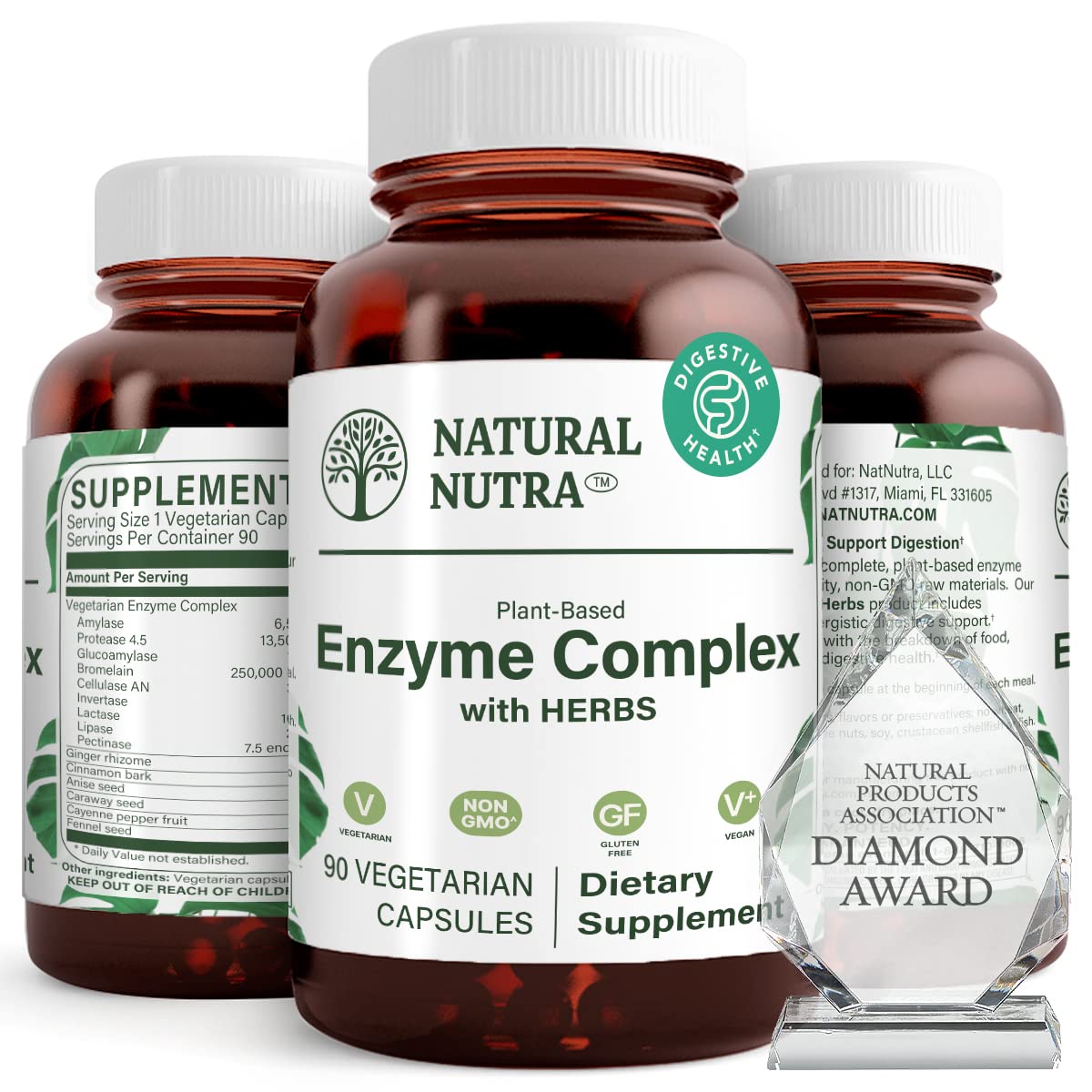 Natural Nutra: bouteille en verre ambré contenant le complexe d'enzymes digestives pour une digestion facilitée.