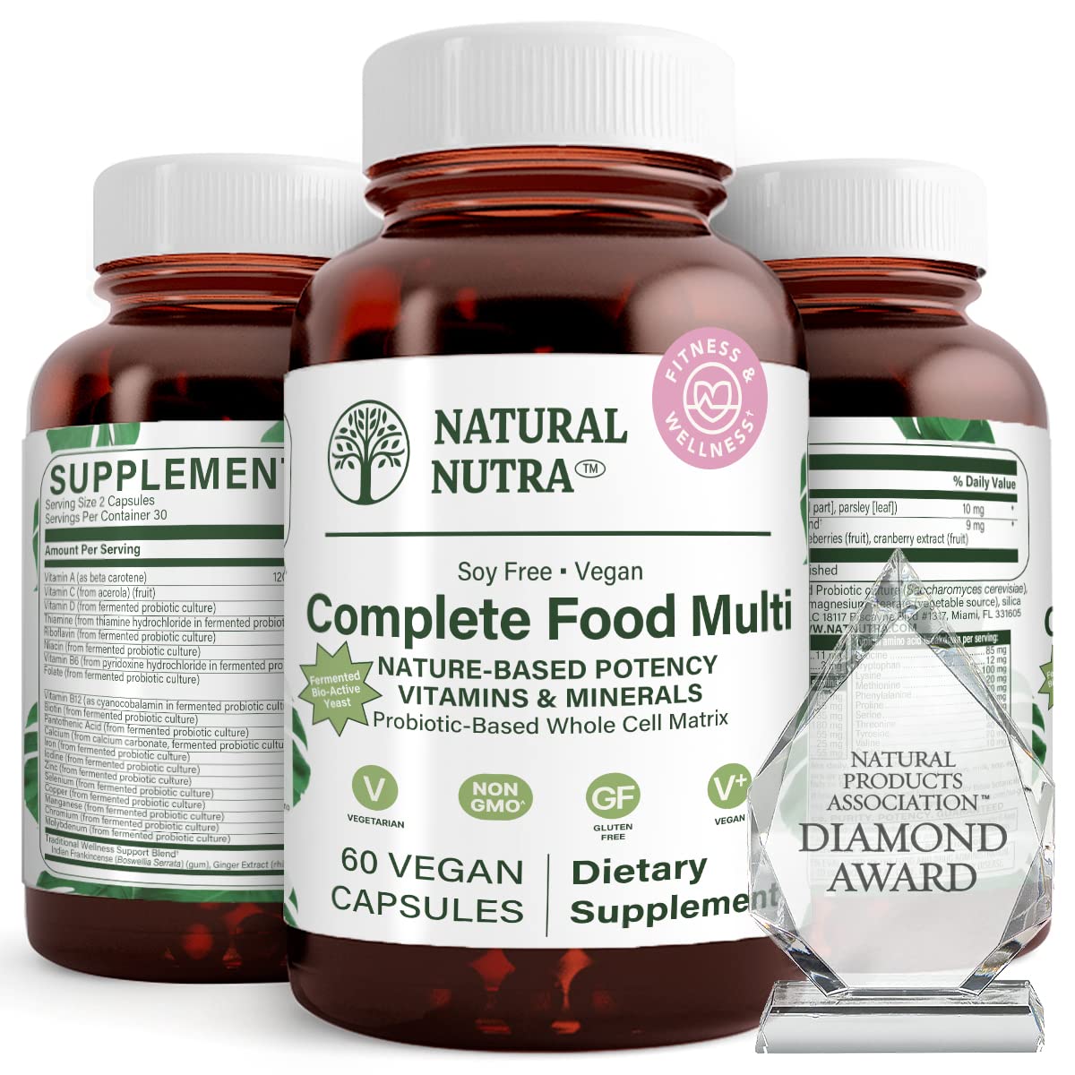 Natural Nutra Multivitamine complète, bouteille en verre ambré, soutien à l'énergie quotidienne.