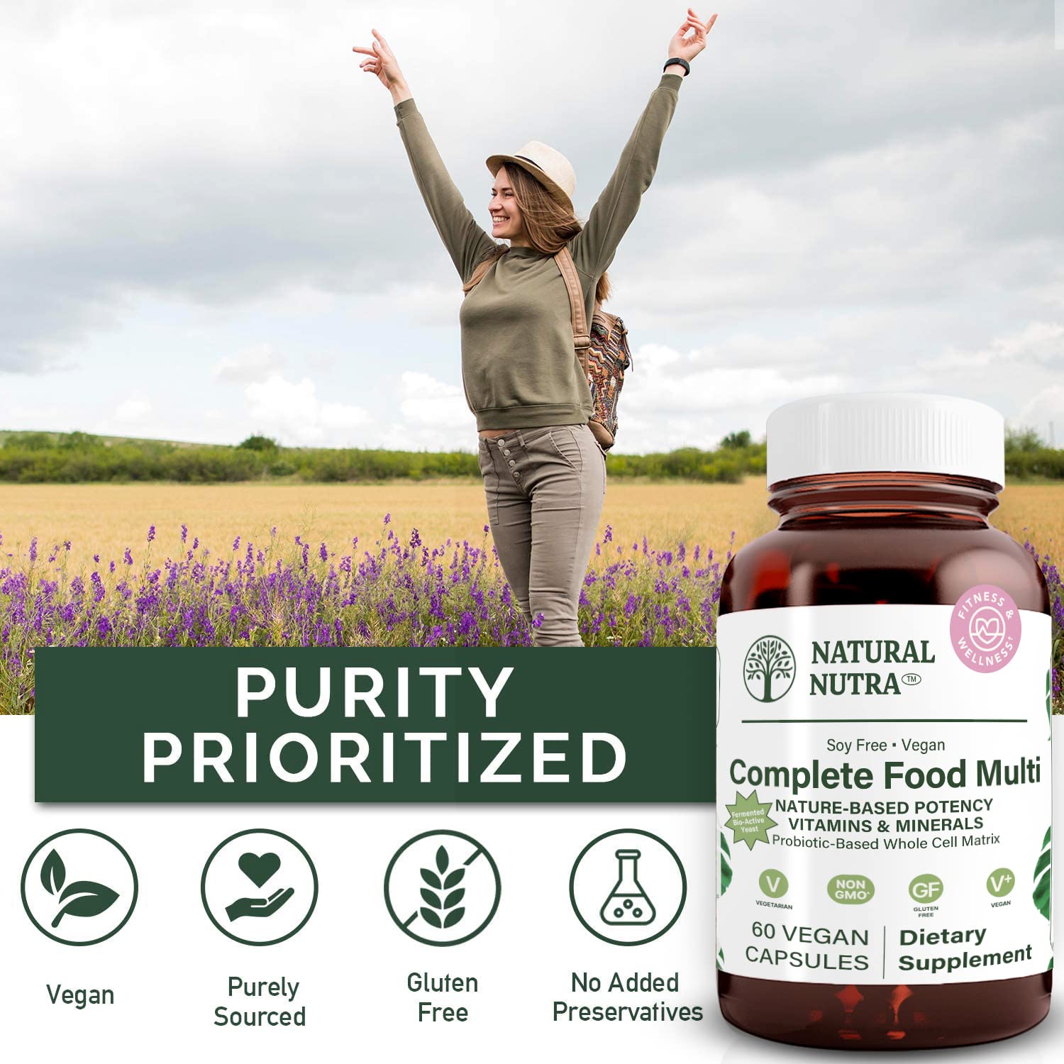 Natural Nutra Multivitamine complète, ingrédients verts, formulation naturelle pour le bien-être général.
