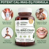 Natural Nutra Cal-Mag Citrate D3 – tablettes vegan avec D3 pour soutenir les muscles et les nerfs.