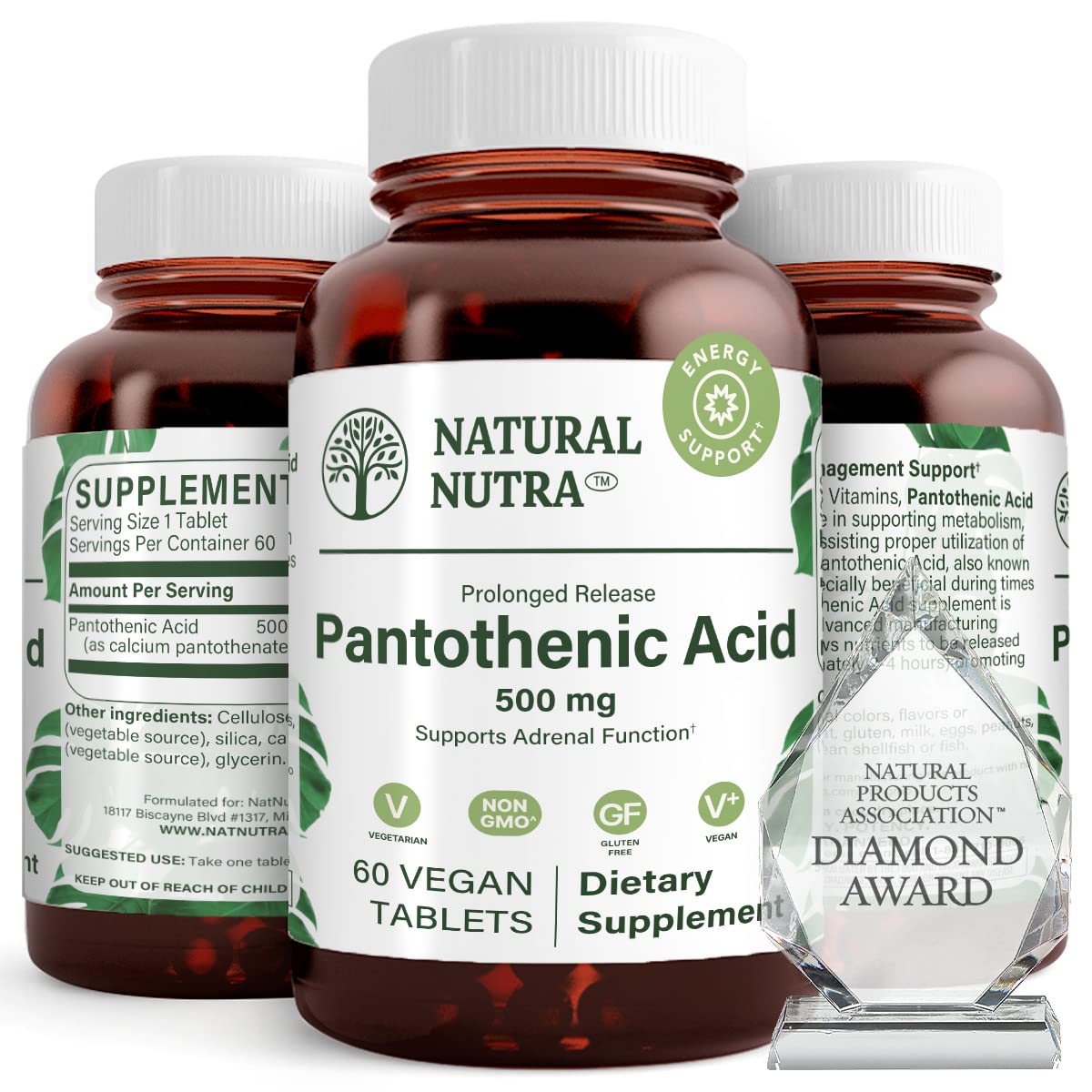 Natural Nutra acide pantothénique libération prolongée 500 mg, comprimés pour énergie soutenue.