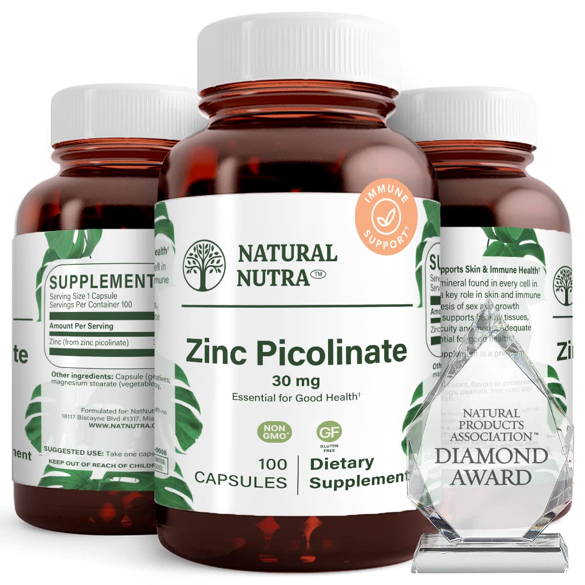 Natural Nutra Zinc Picolinate – bouteille ambrée pour meilleure conservation des gélules.