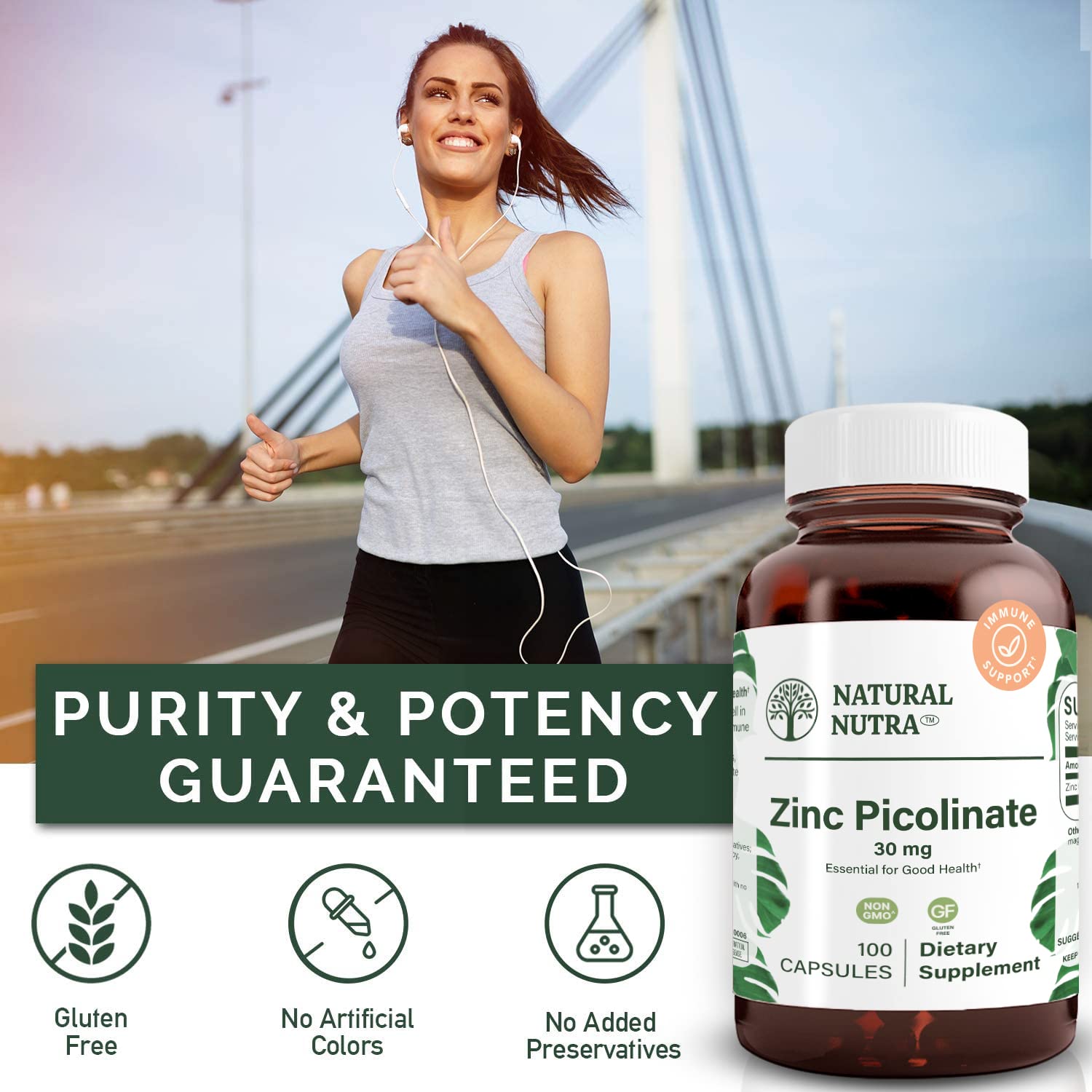 Natural Nutra Zinc Picolinate – bouteille ouverte et gélules prêtes à l’emploi.