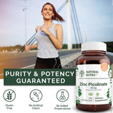 Natural Nutra Zinc Picolinate – bouteille ouverte et gélules prêtes à l’emploi.