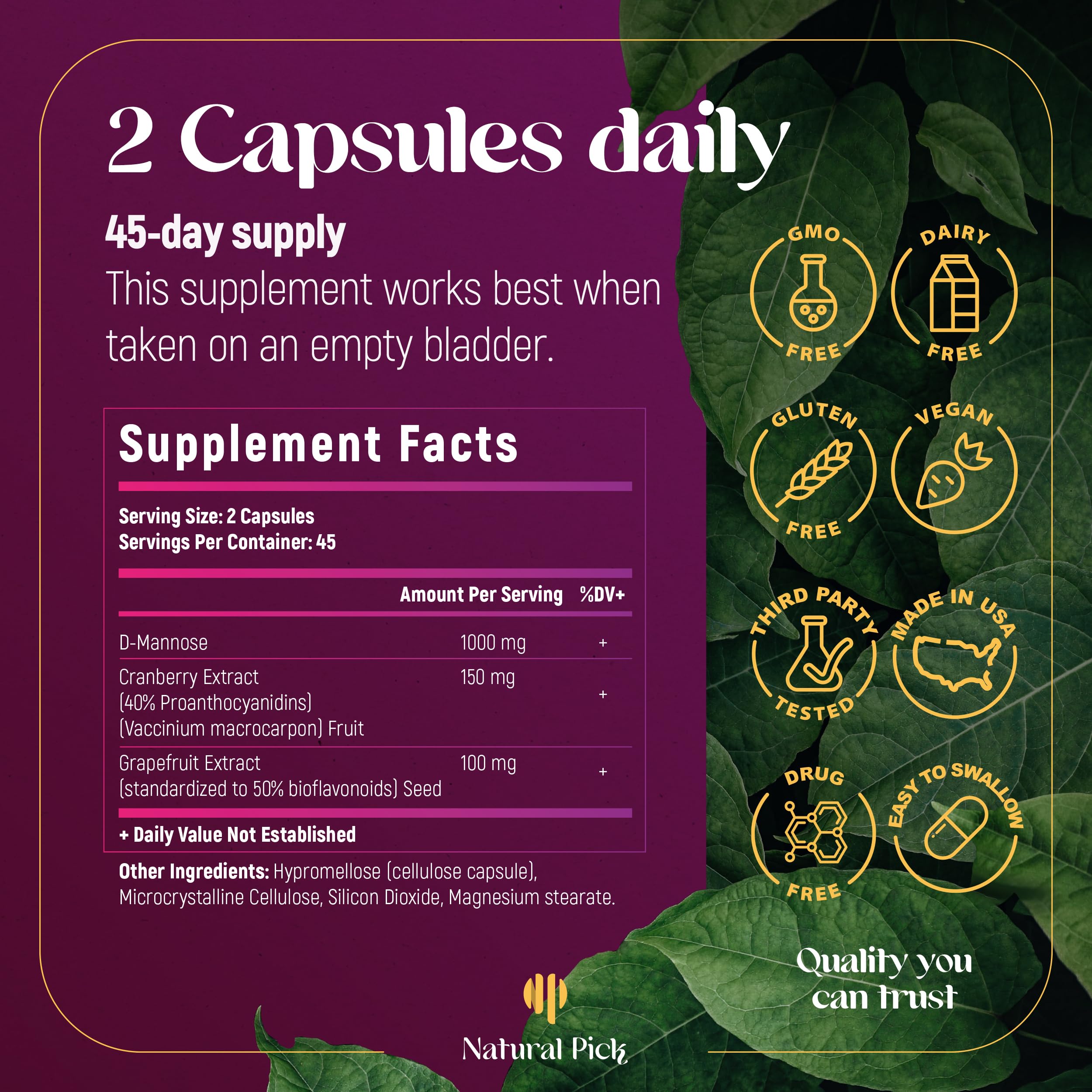 Bouteille Natural Pick D-Mannose: 90 capsules, pratique et facile à emporter.
