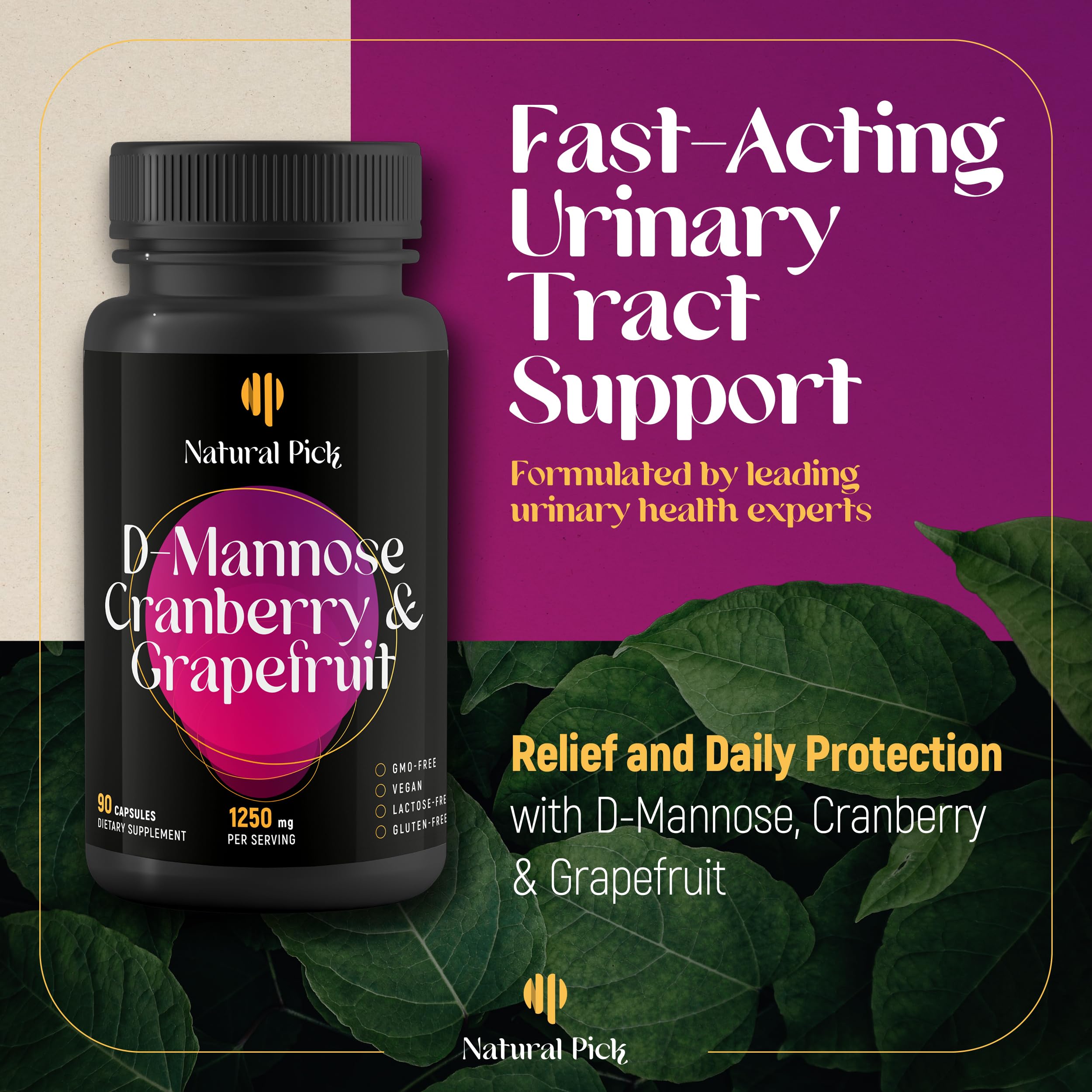 Capsules Natural Pick D-Mannose avec extrait de canneberge pour le confort urinaire.