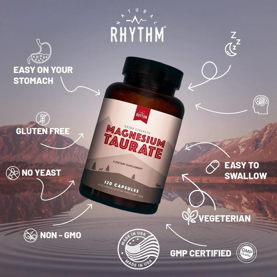 Natural Rhythm Magnésium Taurate: etiquette claire pour confiance et traçabilité.