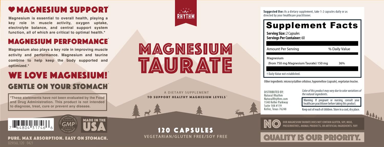 Natural Rhythm Magnésium Taurate: emballage durable, sans OGM et sans gluten.