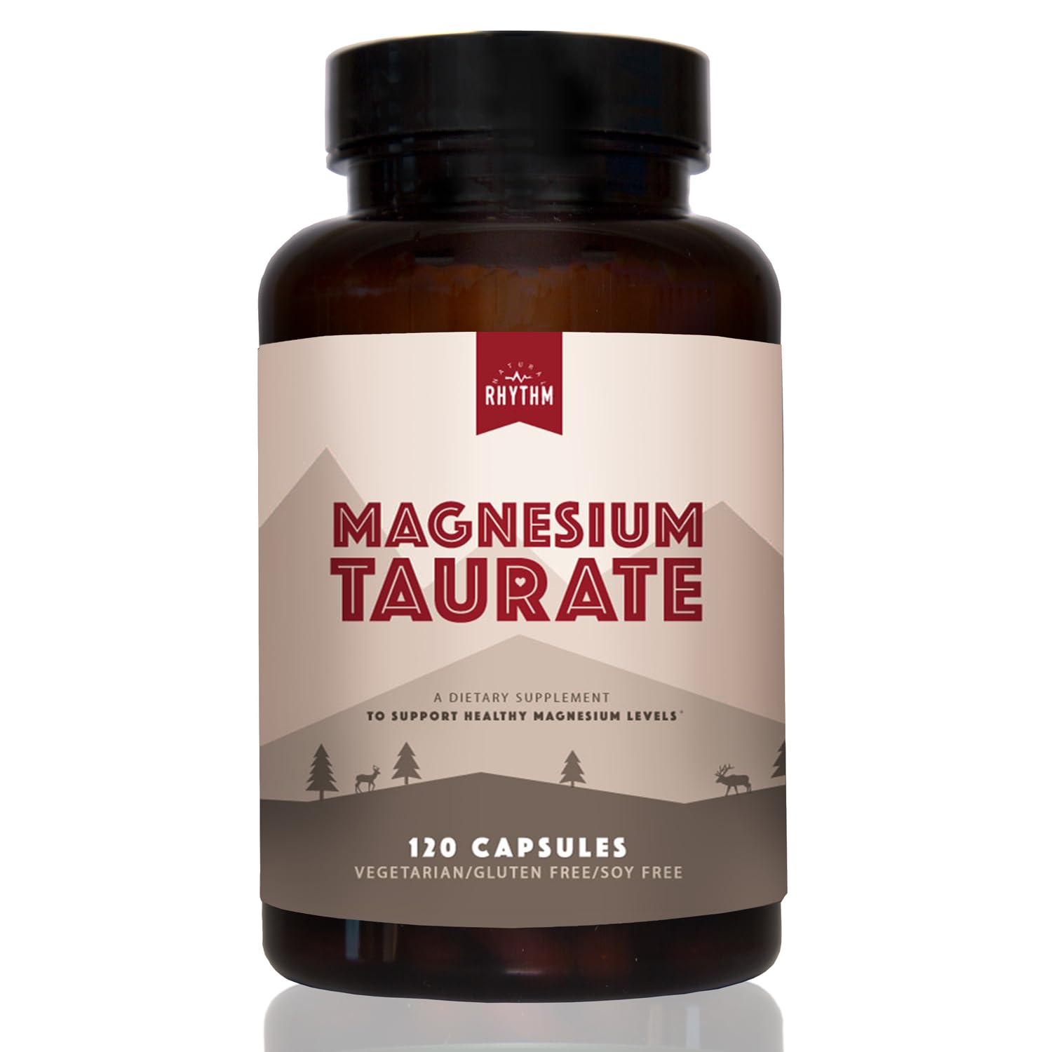 Natural Rhythm Magnésium Taurate: bouteille et gélules faciles à avaler pour une supplémentation pratique.