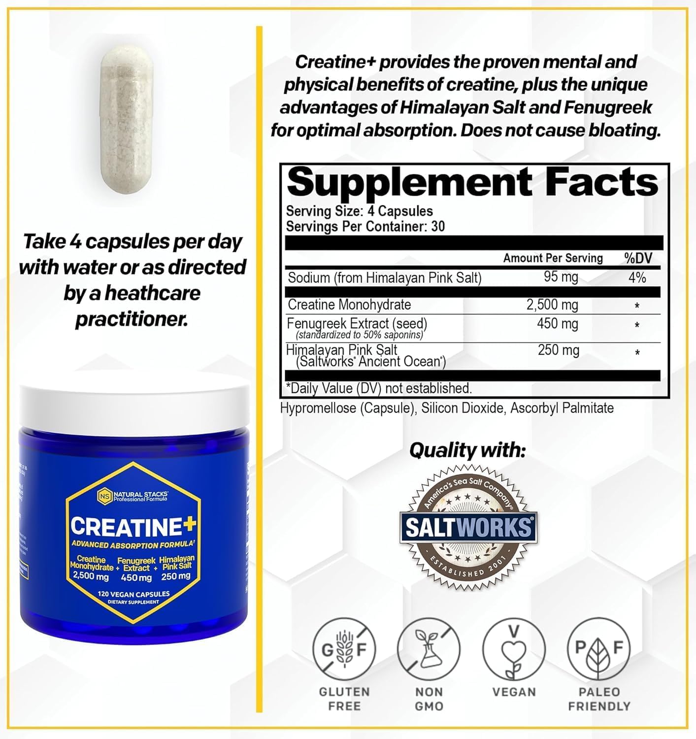 Capsules NATURAL STACKS Creatine Monohydrate, prise pratique au quotidien.