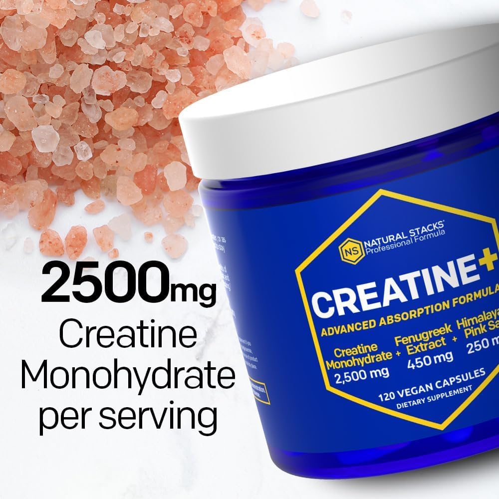 Étiquette NATURAL STACKS Creatine Monohydrate, ingrédients et caractéristiques clés.