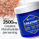Étiquette NATURAL STACKS Creatine Monohydrate, ingrédients et caractéristiques clés.