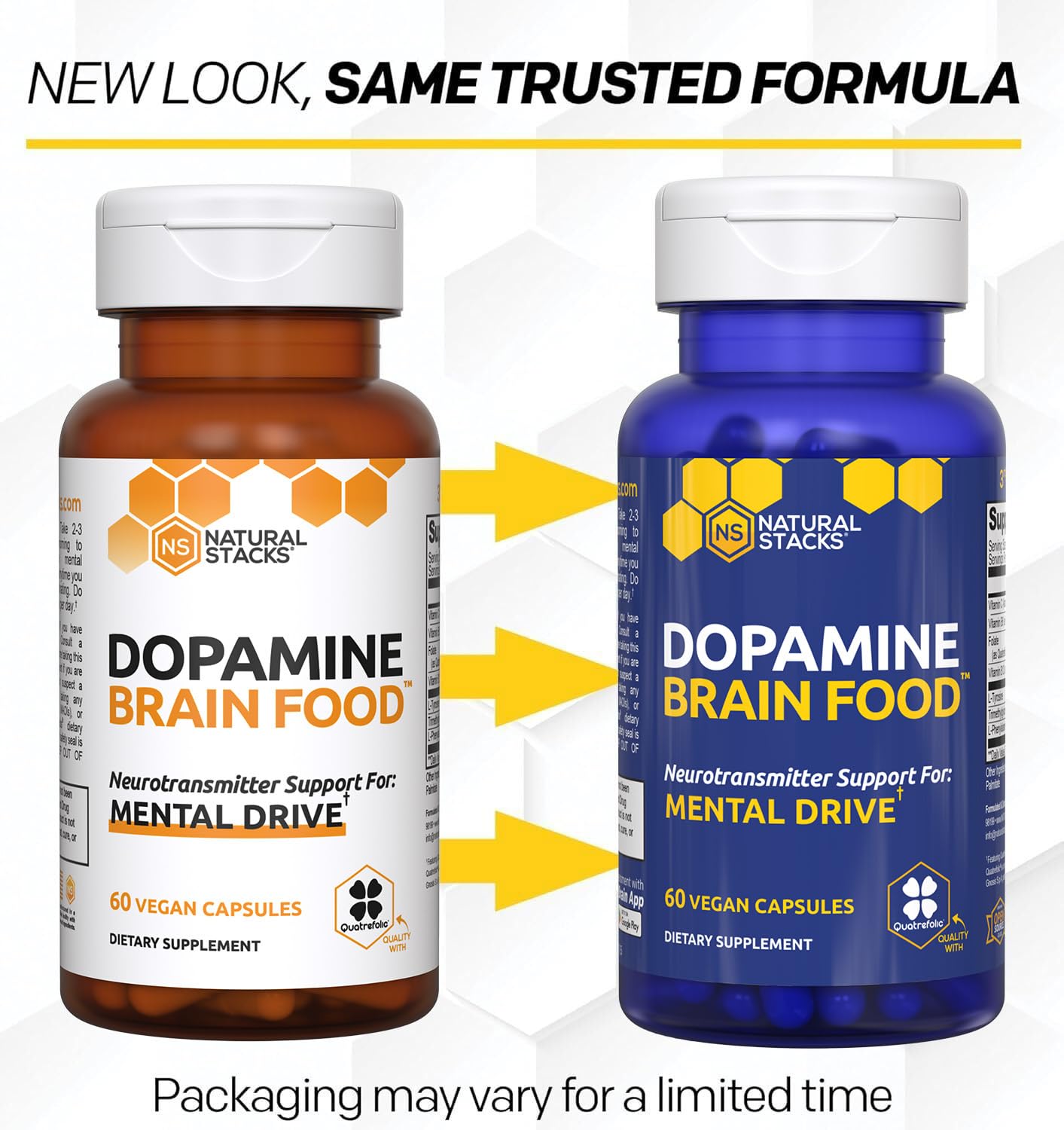 NATURAL STACKS Dopamine: bouteille ouverte, facilite la prise régulière pour la concentration.