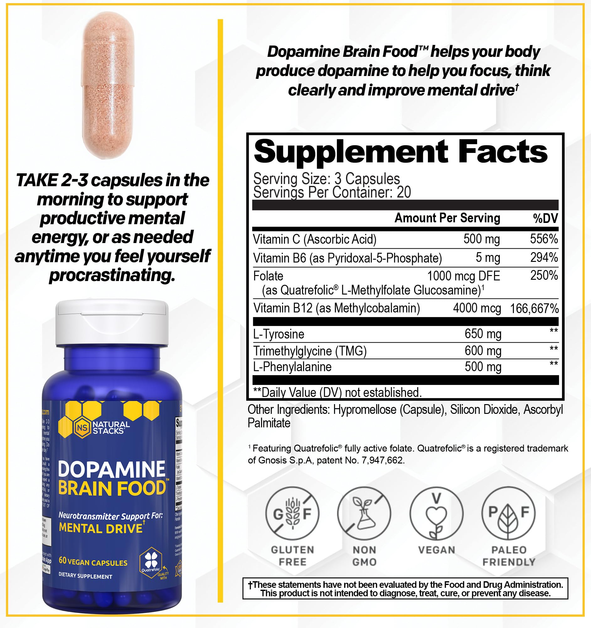Étiquette NATURAL STACKS Dopamine, ingrédients transparents pour une confiance renforcée et focalisation.