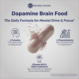 Gros plan sur l’étiquette NATURAL STACKS Dopamine et les vitamines B bénéfiques pour l’énergie mentale.