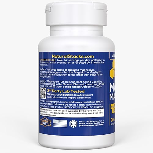 Natural Stacks MagTech, flacon et cerveau stylisés évoquant soutien cognitif.
